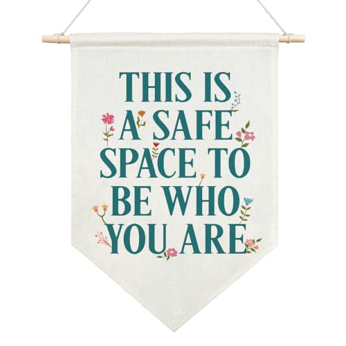 AGMDESIGN This Is A Safe Space To Be Who You Are Canvas Hanging Pennant Flag Banner, Inclusive Classroom Decor, Mental Health Therapy Office Home School Counselor Canvas Flag Decor, Calm Down Corner