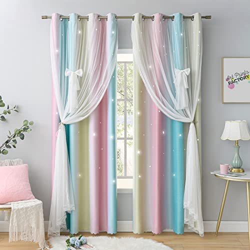 Miulee Star Cut Out Blackout Kids Curtain 90 Inches Long For Girls Bedroom Double Layer Princess Ombre Drape Mix Sheer For Baby Nursery Living Room Decor (Pink & Blue, 1 Panel) #TOP22