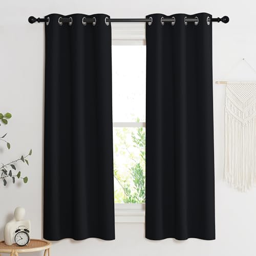 Image of NICETOWN Complete 100% Blackout Curtain Set, Black, 37 inch W by 40 inch L, Double Panels, Thermal Insulated & Energy Efficiency Window Draperies with Black Liner, Noise Reducing Short Curtains for Kids Room