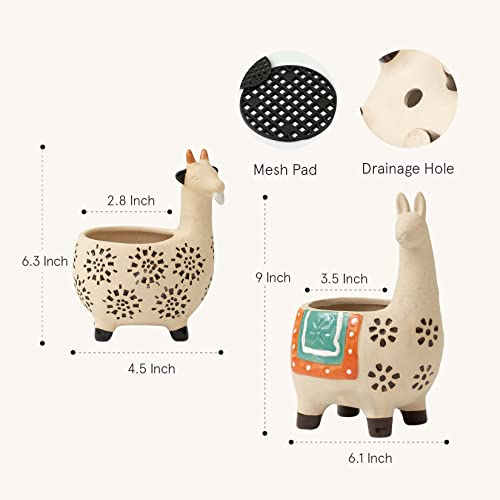 Ceramic Animal Succulent Planter Pots - 6.1 + 4.5 Inch Cute Alpaca / Llama & Goat Rough Pottery Unglazed Flower Plant Pots Indoor With Drainage For Herb Cactus Air Plants, Home Decor Gifts #TOP2
