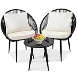 wildformers 3 Pieces Bistro Set, Woven Rope Chair with Cushions, All Weather Patio Conversation Set and Side Table, Ideal for Deck, Balcony, Poolside, Black