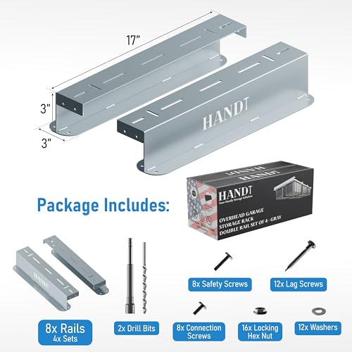 Image of USA Based Overhead Garage Storage Rack, Connectable Heavy Duty Metal Ceiling Rails Garage Storage Organization Shelving System, Hanging Racks Tote Containers, Supports Up To 6 Bins, 4 Sets Gray