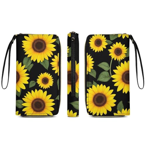 PU Leather Wallet for Women, Waterproof Card Holder Organizer Wallet Floral Black Yellow Flowers Sunflower Travel Long Zipper Clutch Purse