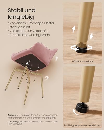 SONGMICS Esszimmerstuhl, Küchenstuhl, Sessel, Samt, Polsterstuhl mit Armlehnen, Loungesessel, bis 120 kg belastbar, Metallbeine, für Esszimmer, Küche, pastellrosa-blassgold LDC087R01
