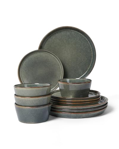 Image of Pokini Ceramic Plates and Bowls Sets for 4, 12pcs Dinnerware Sets, Dish Set | Reactive Glaze Stoneware Dishes Set, Microwave & Dishwasher Safe, Scratch Resistant, Easy Cleaning Dishware sets, Green Wheat