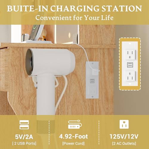 Vanity Desk with LED Lights Mirror & Power Outlet, Small Makeup Vanity Table Set with Storage Drawers & Chair, 3 Lighting Modes & Adjustable Brightness, Dressing Table for Women Girls Bedroom, Oak