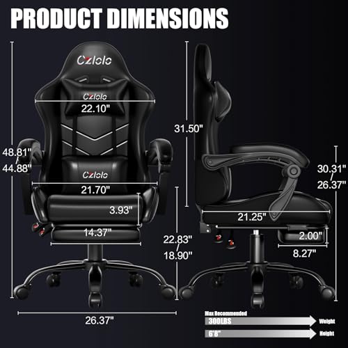 Image of Czlolo Gaming Chair, Ergonomic Office Computer Chair with Footrest and Lumbar Support Massager High Back Video Gamer Chair, Wide&Thick Cushion, 90-135 Recline, Adjustable Height, Carbon Black