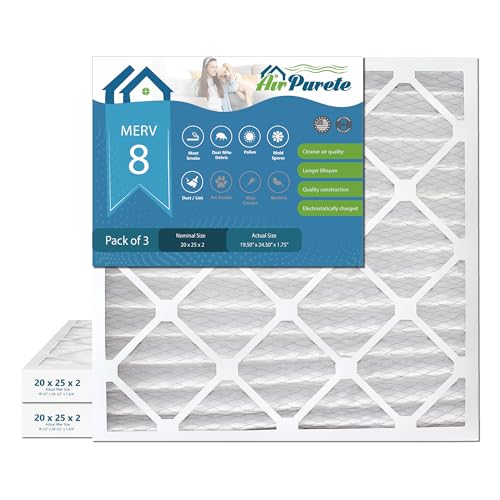 Air Purete 20x25x2 MERV 8 Pleated Air Filter (MPR 700) for HVAC AC Furnace Filters AP-CF20252 Actual Size 19.50 x 24.50 x 1.75 Pack of 3