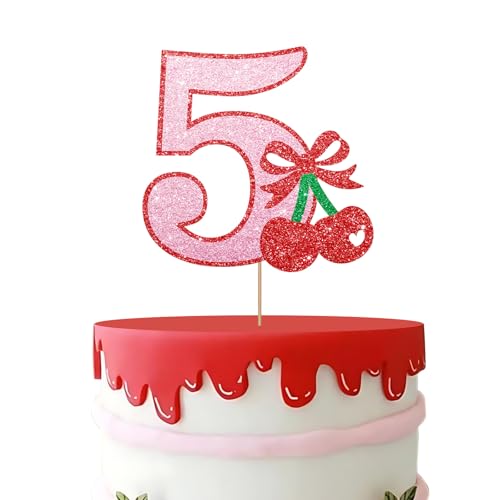 Cherry 5th Birthday Cake Topper, Sweet Cherry One Cake Topper for Cherry On Top Baby Shower, Girl 5 Year Old Cake Decor, Sweet Fruit Themed 5th Anniversary Party Decoration - Red Glitter