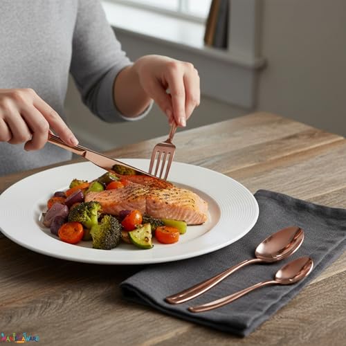 Image of Mirror Polished Rose Gold 16 Pcs Stainless Steel Cutlery Set for Dining Table, Dishwasher Safe Glossy Flatware (4 Spoon Set + 4 Forks Set + 4 Butter Knife + 4 Dessert Spoon)