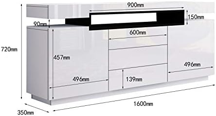 AWOOOD White Sideboard Cabinet Cupboard Matt Body & High Gloss TV Stand Unit LED Light with 2 Doors 3 Drawers 160cm for Living Room Dining Room