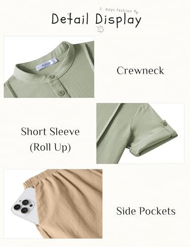 Image of Arshiner Boy's 2 Pieces Linen Sets Short Sleeve Henley Shirt and Shorts Summer Beach Matching Outfits 4-12 Years