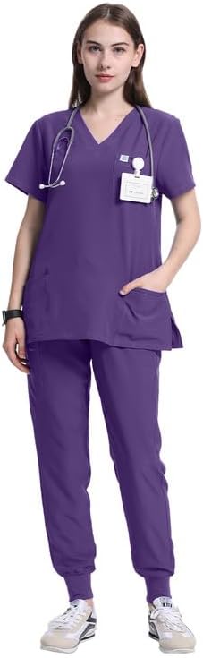 Uniforms World Scrubs for Women Set - Stretch Scrub Top & Pants with 8 Pockets, Yoga Waistband, Anti Wrinkle, Slim Fit