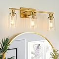 Jonsi Gold Bathroom Light Fixtures, 3 Light Brushed Gold Bathroom Vanity Lights with Fluted Glass Shade, Modern Gold Bathroom Lights Over Mirror, Vanity Lighting Fixtures