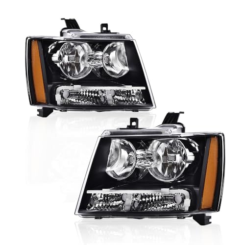 PIT66 Headlight Assembly Compatible with 2007-2014 Chevy Tahoe Suburban/07-13 Avalanche Corner Halogen Headlamps Front Lights Black Housing