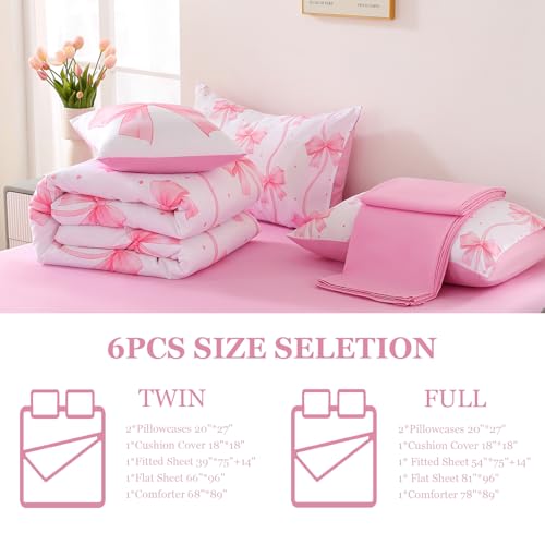 Image of DORCAS Bow Twin Comforter Set for Girls,6 Pieces Bed in A Bag Pink Bow Bedding Sets with Sheets for Kids
