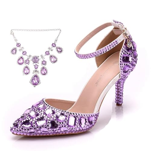 Womens Rhinestone Wedding Shoes Elegant Pointed Toe, Crystal Chain Ankle Strap Pumps Luxury Rhinestone Embellished, Slip-On Shoes for Wedding