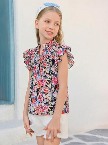 Image of Haloumoning Girls Ruffle Short Sleeve Floral Chiffon Blouses Kids Summer Shirts Tops 5-14 Years