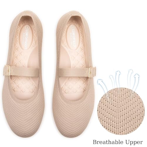 فرانك مولي حذاء باليه ماري جين مسطح مريح انيق كاجوال بمقدمة دائرية سهل الارتداء وقابل للغسل من القماش المحبوك للمكتب والعمل للنساء، 6088ecru، 6.5