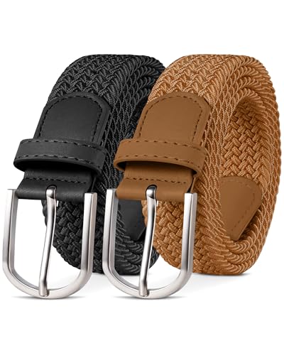 YOUCHAN 2 Pièces Unisexe Ceinture Élastique Femme Ceinture Tressée Homme Tissu 3.3 cm, Longueur Réglable 90-130 cm, Plusieurs Couleurs Noir + Marron 120 cm