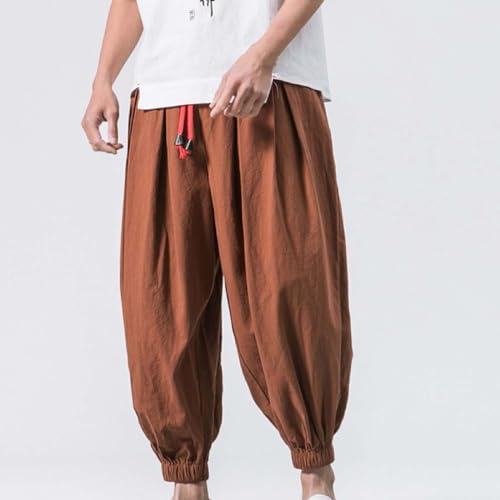 Mens Casual Cotton Linen Pants Bound Feet Drawstring Solid Loose Elastic Waist Lightweight Trouser Hippie Beach Pants2