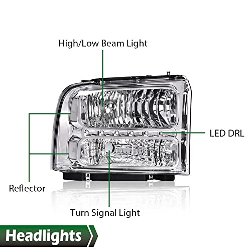 Image of GRAND ORANGE LED DRL Headlights Assembly, Compatible with 2005 2006 2007 Ford F250 F350 F450 F550 Super Duty bumper Headlamp, Amber Corner Headlight(Clear lens Chrome Housing Clear Reflector)