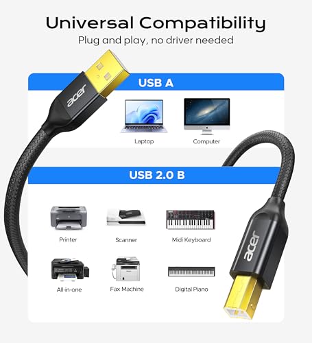 acer Printer Cable 10ft, USB A to USB B Cable, High Speed Nylon Scanner Printer Cord, Aluminum Case & Gold-Plated, USB 2.0 B Cable for HP, Canon, Brother, Samsung, Dell, Epson, Lexmark, Xerox and More by Acer - Used condition - Image 6