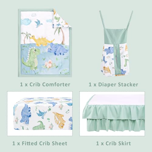 Image of TANOFAR 4-Piece Crib Bedding Set for Baby Boys, Blue Dinosaur Nursery Bedding Set Includes Comforter, Fitted Crib Sheet, Crib Skirt, and Diaper Stacker, Dinosaur