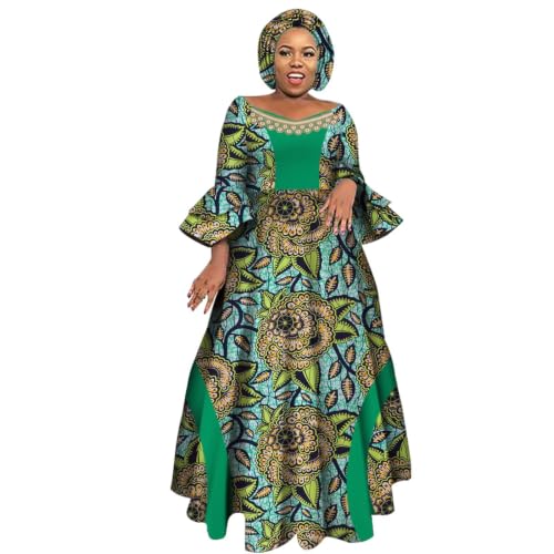 Image of iooiooi Womens African Print Party Maxi Dress Ankara Long Dress & Headwrap | Ankara Print Maxi Dress for Women,Flared Bell Sleeve Party Gown