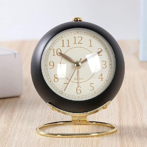 Image of Vintage Analog Alarm Clock with Night Light, Silent Non-Ticking Quartz Movement, Battery Powered Round Desk Clock with Gold Metal Stand, HD Glass Dial for Bedroom, Office, Study Table Decor (Black 1)