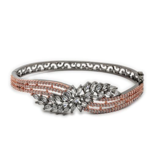Image of ZENEME Rhodium-Plated Silver Toned American Diamond Studded Contemporary Kada Bracelet For Girls and Women