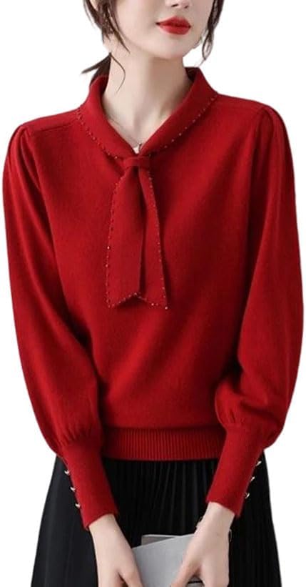 Women's Collar Tie Splicing Knitted Sweater Solid Color Loose Fit Long Sleeved Knitted Top