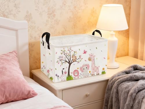 Image of Essme Rectangular Animal Baskets,Pink Storage Basket with Handles for Room Decor,Cute Storage Bin(Pink animal)