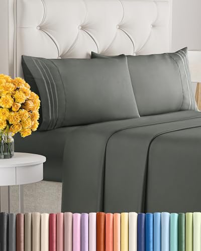 Image of Cal King Size 4 Piece Sheet Set - Soft & Cooling Sheets - Dark Slate Grey | Fits 8 Inch to 16 inch Mattress, Wrinkle Free & Fade Resistant with Deep Pockets, Breathable, Comfy Hotel Luxury Bedding