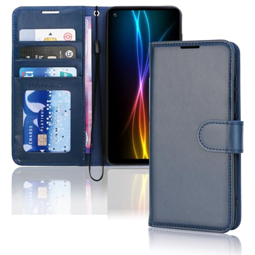 Image of TECHGEAR Galaxy A21s Leather Wallet Case, Flip Protective Case Cover with Wallet Card Holder, Stand and Wrist Strap - Navy Blue PU Leather with Magnetic Closure Designed For Samsung Galaxy A21s