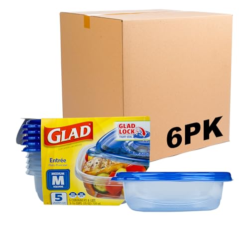 Glad GladWare Entree Food Storage Containers with Lids, Medium Square BPA Free Plastic for Meal Prep and Lunches, Lock Tight Seal, Microwave and Dishwasher Safe, 25 Oz, 5 Count - 6 Pack