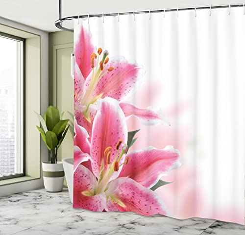 ABAKUHAUS Pink and White Shower Curtain, Florist Theme with Lilies Close up a Fresh Bouquet for the Loved Ones, Cloth Fabric Bathroom Decor Set with Hooks, 86 Inches Extra Long, Pink Orange Green - Image 4