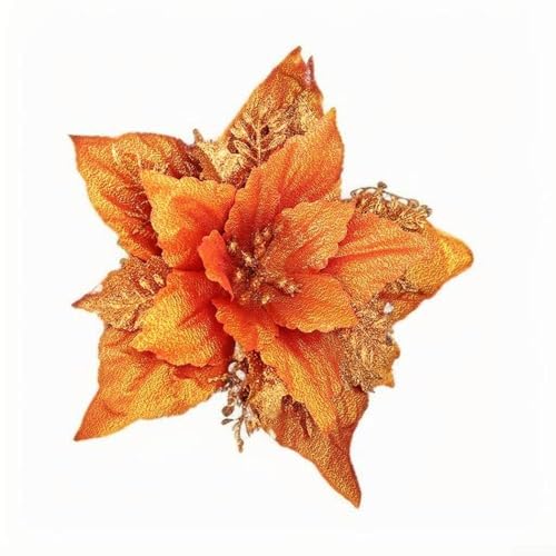 Yhenlovtt Juego de 5 flores de Pascua grandes con purpurina para decoración de árbol de Navidad, adornos colgantes de vacaciones y bodas (naranja)