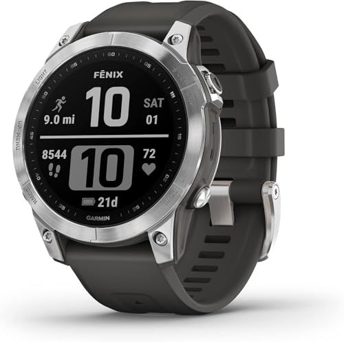 Garmin 010-02540-00 fenix 7, adventure smartwatch, rugged outdoor watch with GPS, touchscreen, health and wellness features, silver with graphite band (Renewed Premium)