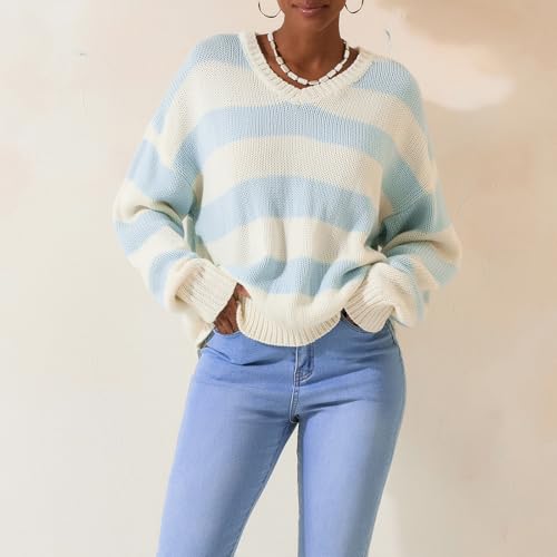Image of Women Striped Chunky Knit Sweater Drop Shoulder Long Sleeve V-Neck Oversized Sweater Pullover Loose Knit Jumper Top