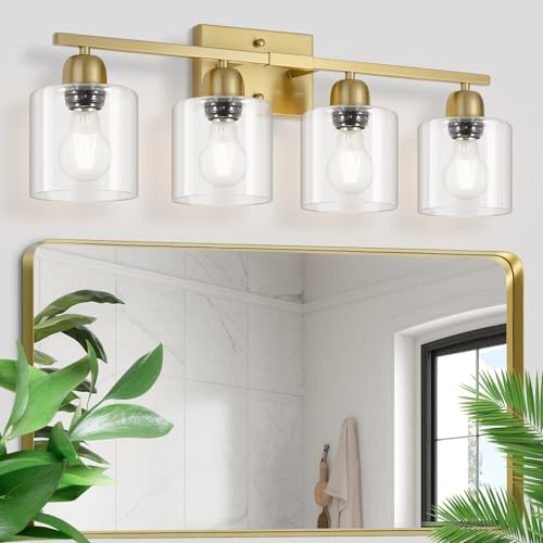 Image of Modern Brushed Gold 4 Light Bathroom Light Fixtures, 24 inch Vanity Lights for Bathroom with Clear Glass, Bathroom Vanity Light for Mirror Kitchen Living Room Hallway Cabinet Porch