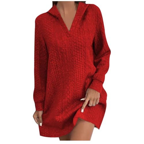 Vestido de Punto Mujer Invierno Rebajas,Vestido Sudadera Mujer con Capucha Casual Otoño Manga Larga Cuello V Vestido de Suéter Sueltos Talla Grande Vestido Línea A Moda Color Sólido Vestido de Jersey