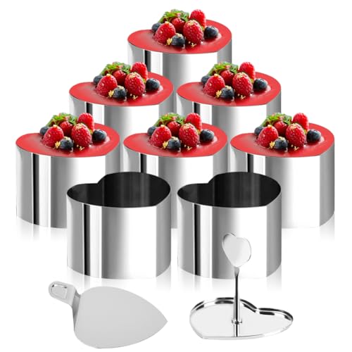 FARYODI Anillos de postre, 8 unidades, mini anillos de comida de 7,5 cm de diámetro, con 8 anillos, elevador y apisonador, anillo pequeño para servir tartas, molde para hornear magdalenas