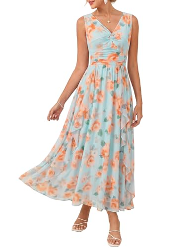 Image of GRACE KARIN Women's Summer Sleeveless Floral Maxi Dress V Neck Formal Wedding Guest Dress A Line Beach Vacation Clothes
