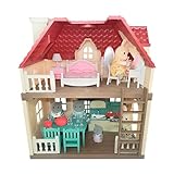 OLEOCA Family Cottage Doll House — 2-Story Country Cottage with Dining Set & Bunny Figure, Complete Dollhouse Playset for Creative Pretend Play, Gift for Kids Ages 3+