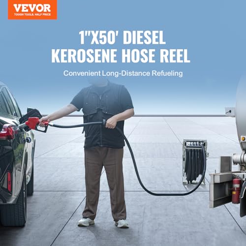 VEVOR Fuel Hose Reel, 1" x 50', Extra Long Retractable Diesel Hose Reel, Heavy-Duty Carbon Steel Construction with Automatic Fuel Nozzle, NBR Rubber Hose for Aircraft Ship Vehicle Tank Truck, 300 PSI by VEVOR - Image 2