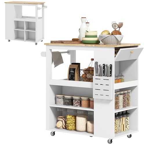 HOMCOM Aparador isla de cocina, aparador con ruedas, con encimera de madera de caucho, 4 estantes regulables, multialmacenamiento, soporte para cuchillos, carro de cocina con ruedas, toallero, blanco