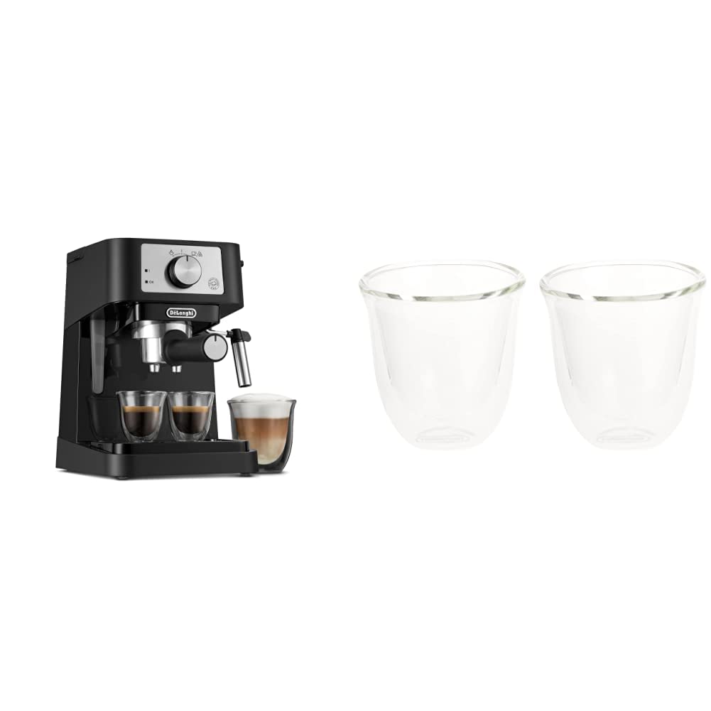 De'Longhi Stilosa Manual Espresso Machine, Latte & Cappuccino Maker, 15 Bar Pump Pressure + Manual Milk Frother Steam Wand & DeLonghi Double Walled Thermo Espresso Glasses, Set of 2, Regular, Clear
