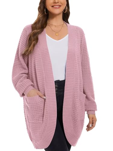 Image of LARACE Long Cardigans for Women Plus Size Tops Open Front Sweaters with Pockets Waffle Ribbed Sleeve Loose Fall Outwear