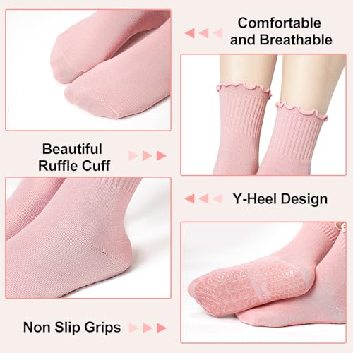 Image of Yoga Socks Non Slip Grips Anti Skid Women Athletic Socks Pilates Ballet Barre Crew Socks Ruffle Cuff 2 Pairs